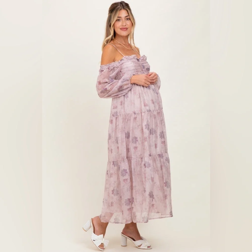 Storia Light Pink Floral Off Shoulder Long Sleeve Tiered Maxi Dress Medium girly - Picture 4 of 14